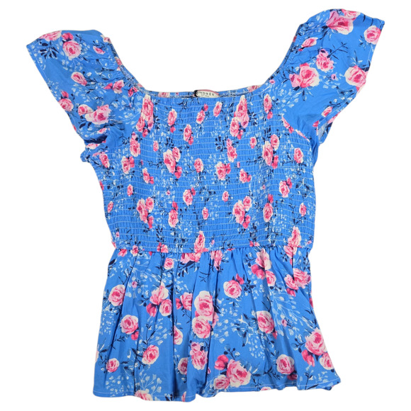 Andree Unit Wom Med NWT Blue Pink Floral Smocked Off Shoulder Short Sleeve Top - Picture 10 of 10